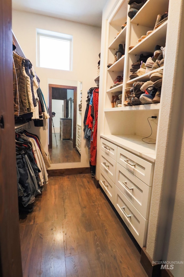 walk in closet with dark wood-style flooring