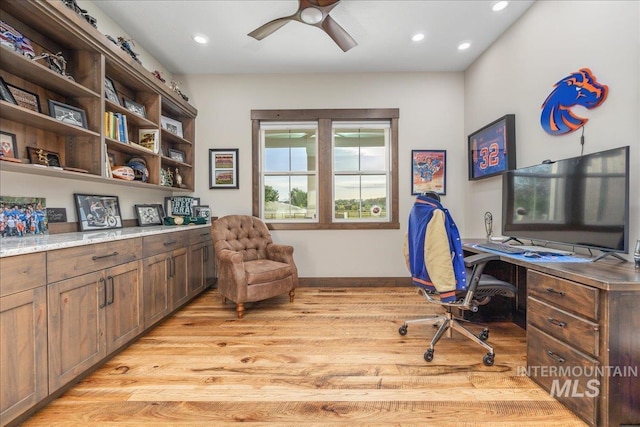 3800 Birch Ln, Emmett, ID 83617 - office area featuring light wood-style flooring, recessed lighting, baseboards, ceiling fan, and built in study area