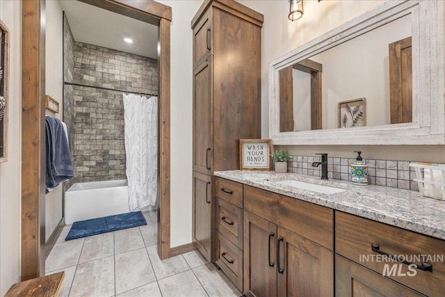 3800 Birch Ln, Emmett, ID 83617 - bathroom featuring vanity, tile patterned flooring, shower / tub combo, and baseboards