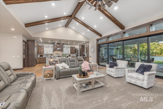 3800 Birch Ln, Emmett, ID 83617 - living room with high vaulted ceiling, beam ceiling, recessed lighting, ceiling fan, and light wood finished floors