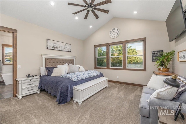 3800 Birch Ln, Emmett, ID 83617 - bedroom with light colored carpet, recessed lighting, high vaulted ceiling, baseboards, and a ceiling fan
