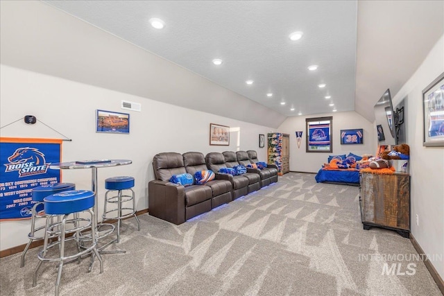 3800 Birch Ln, Emmett, ID 83617 - carpeted living room featuring baseboards, vaulted ceiling, and recessed lighting