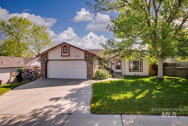 single story home featuring fence, an attached garage, driveway, and a front yard
