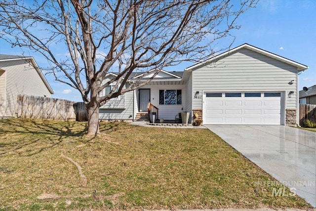 ranch-style house featuring a front lawn, entry steps, fence, concrete driveway, and a garage