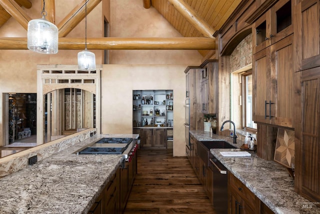 kitchen with dishwasher, wooden ceiling, a sink, beam ceiling, and dark wood-style flooring