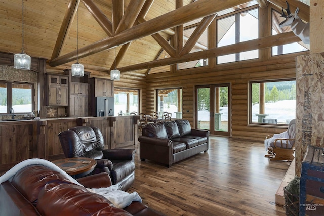living room featuring log walls, wooden ceiling, high vaulted ceiling, and dark wood-style flooring