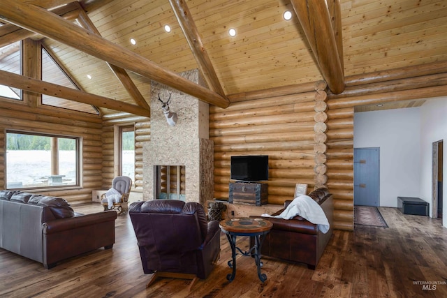 living area with high vaulted ceiling, hardwood / wood-style floors, wood ceiling, log walls, and beam ceiling