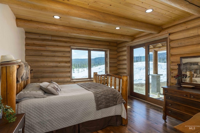 bedroom with recessed lighting, beamed ceiling, wood finished floors, access to outside, and wooden ceiling