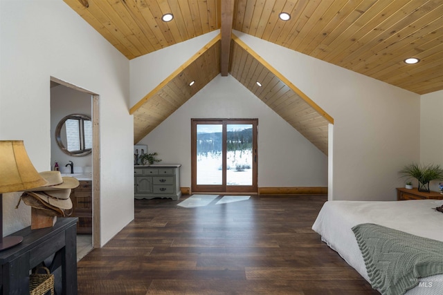bedroom featuring wood finished floors, recessed lighting, and access to exterior