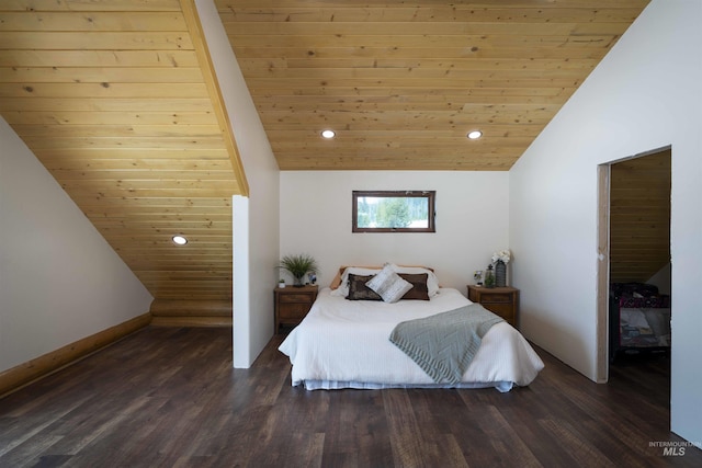 bedroom with recessed lighting, lofted ceiling, wood ceiling, and wood finished floors