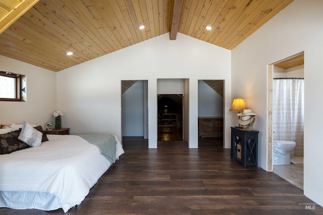 bedroom featuring wood finished floors, ensuite bathroom, vaulted ceiling with beams, wooden ceiling, and recessed lighting