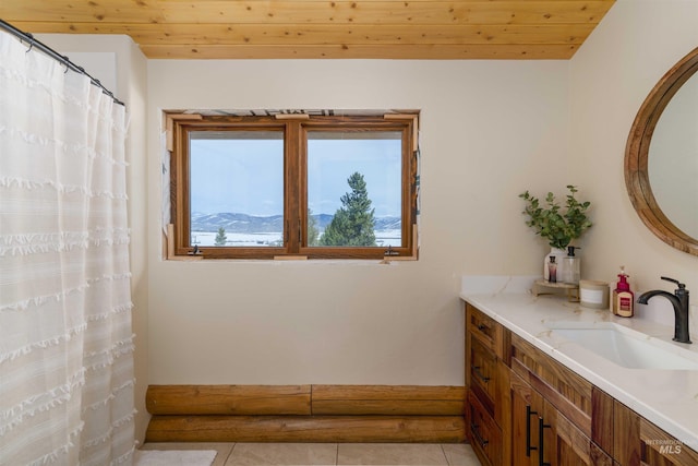 full bathroom featuring wood ceiling, tile patterned flooring, vanity, and a shower with curtain