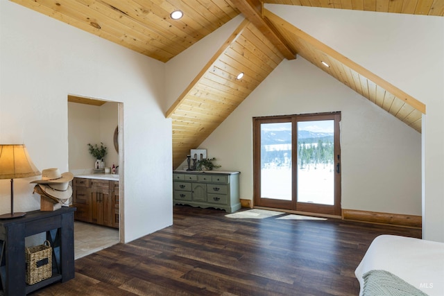 bedroom featuring lofted ceiling with beams, recessed lighting, wood finished floors, access to outside, and wood ceiling