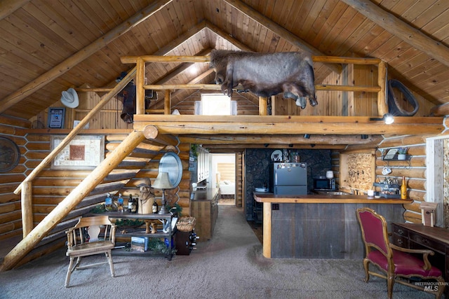 interior space featuring high vaulted ceiling, log walls, wood ceiling, and beamed ceiling