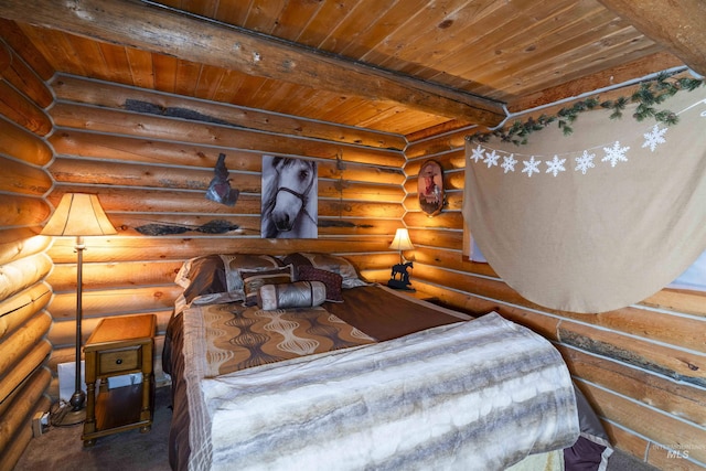 bedroom featuring wood ceiling, carpet, beam ceiling, and rustic walls