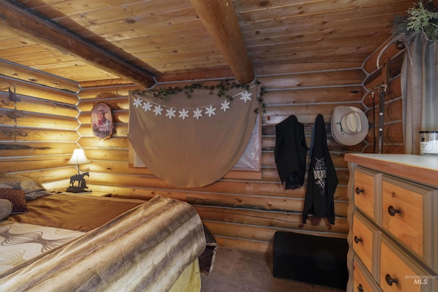 bedroom featuring wood ceiling, rustic walls, and beamed ceiling