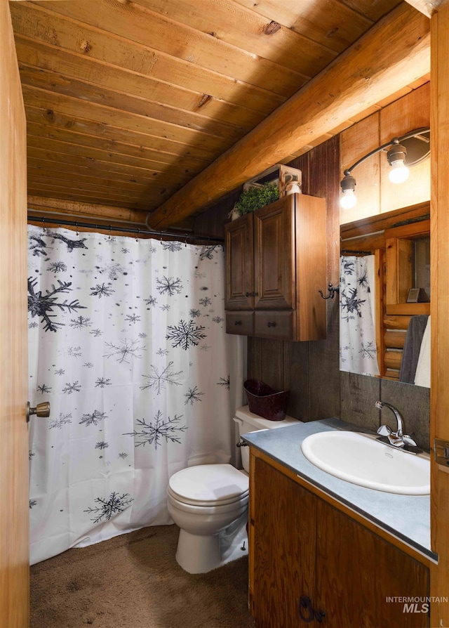 bathroom with wood ceiling, a shower with curtain, vanity, and toilet