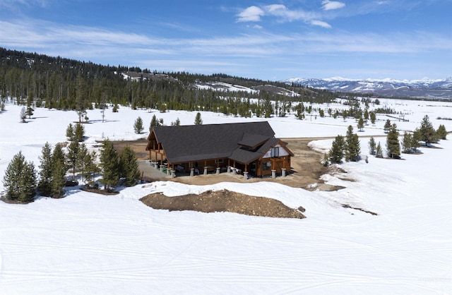 snowy aerial view featuring a mountain view