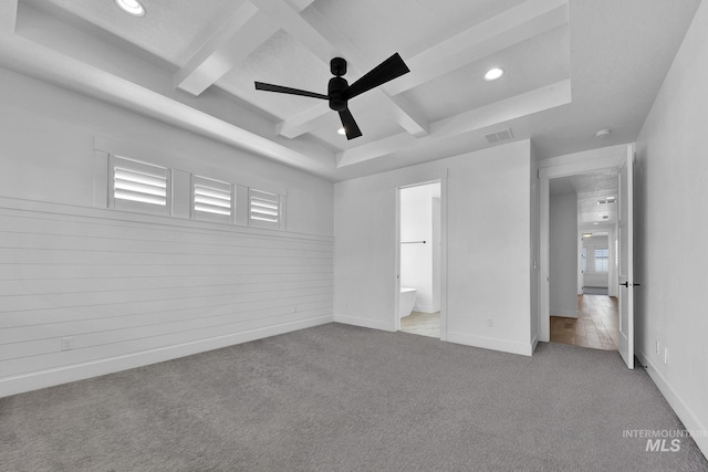 unfurnished bedroom featuring carpet flooring, beamed ceiling, recessed lighting, connected bathroom, and a ceiling fan