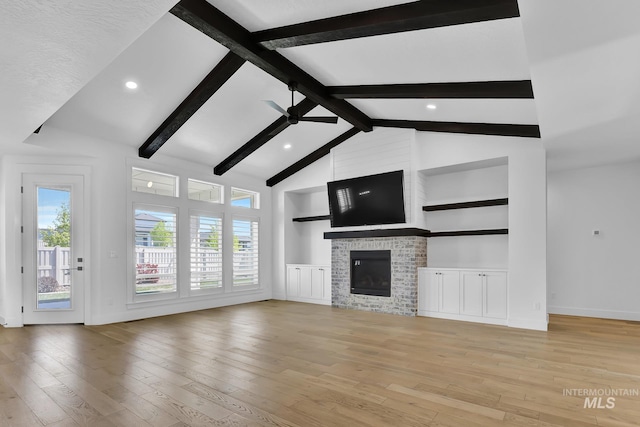 unfurnished living room featuring a fireplace, light wood-type flooring, baseboards, recessed lighting, and ceiling fan