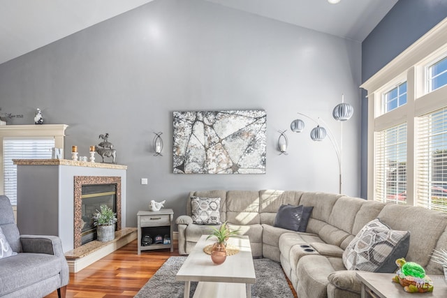 living area with high vaulted ceiling, a fireplace, and wood finished floors