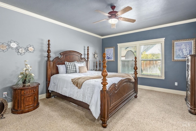 bedroom featuring ceiling fan, baseboards, crown molding, and light colored carpet