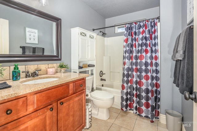 bathroom with toilet, shower / bath combo, vanity, and tile patterned floors