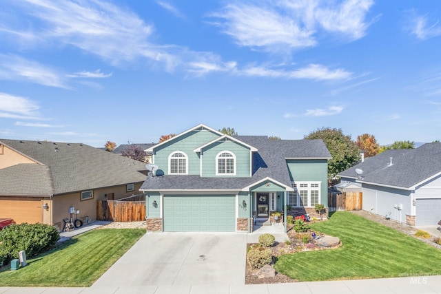 traditional home with stone siding, fence, and a front yard