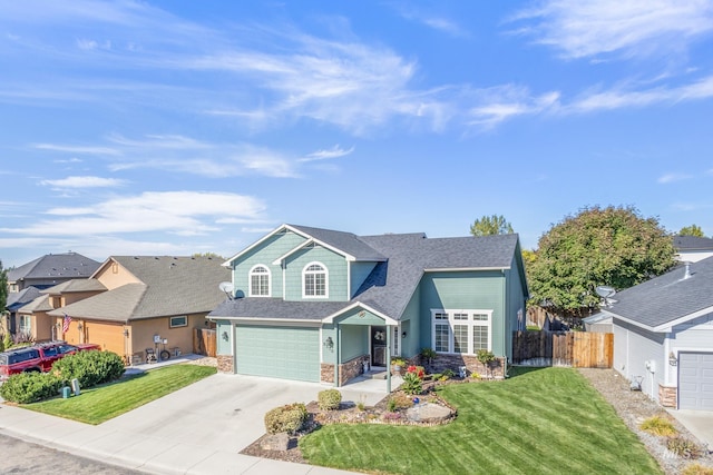 traditional home with concrete driveway, stone siding, an attached garage, fence, and a front yard