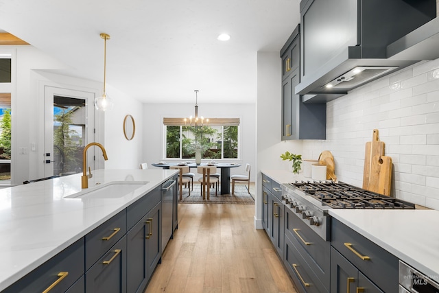 kitchen with backsplash, appliances with stainless steel finishes, a sink, light countertops, and light wood-style floors