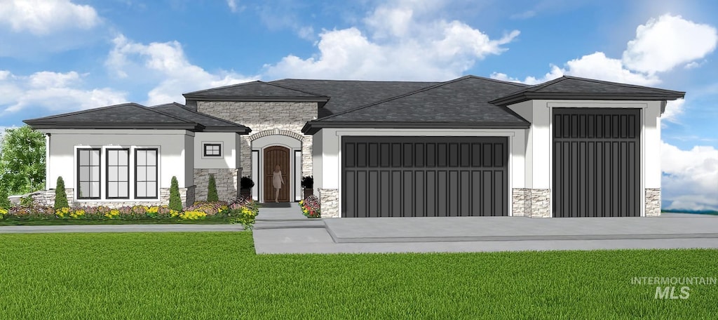 6101 W Estuary St, Eagle, ID 83616 - view of front of house featuring stone siding, a garage, a front lawn, and concrete driveway