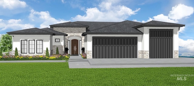 6101 W Estuary St, Eagle, ID 83616 - view of front of house featuring stone siding, a garage, a front lawn, and concrete driveway