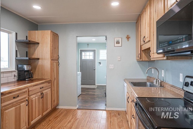 kitchen featuring stainless steel electric range oven, plenty of natural light, light wood-style floors, and a sink