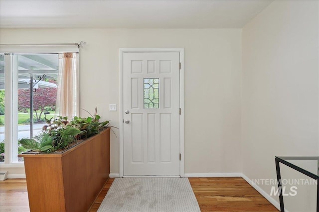 foyer entrance featuring healthy amount of natural light, wood finished floors, and baseboards