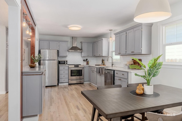 3716 W Palouse St, Boise, ID 83705 - kitchen with stainless steel appliances, gray cabinets, wall chimney exhaust hood, decorative backsplash, and light wood-type flooring