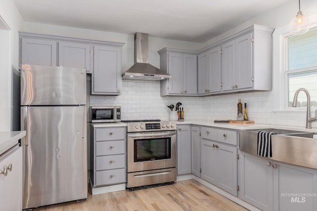 3716 W Palouse St, Boise, ID 83705 - kitchen featuring appliances with stainless steel finishes, wall chimney range hood, gray cabinets, and a sink