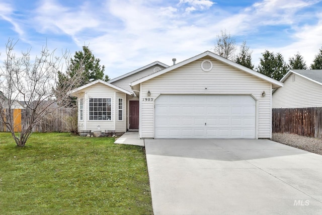 single story home featuring concrete driveway, a front lawn, a garage, and fence