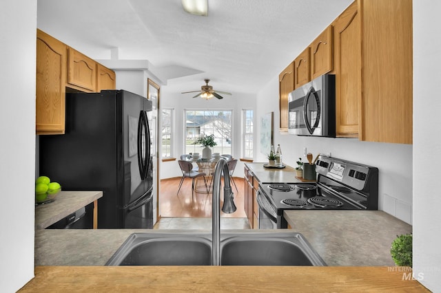 kitchen featuring a sink, stainless steel appliances, light wood finished floors, lofted ceiling, and ceiling fan