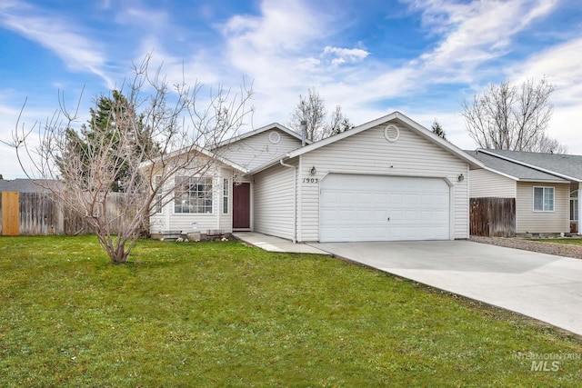 ranch-style home with a front yard, concrete driveway, a garage, and fence