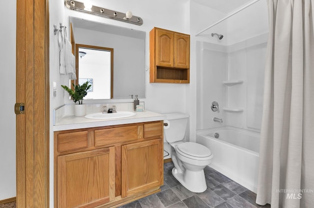 full bath featuring shower / bathtub combination with curtain, toilet, and vanity