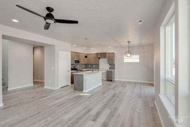 kitchen featuring tasteful backsplash, light hardwood / wood-style flooring, pendant lighting, a center island with sink, and appliances with stainless steel finishes