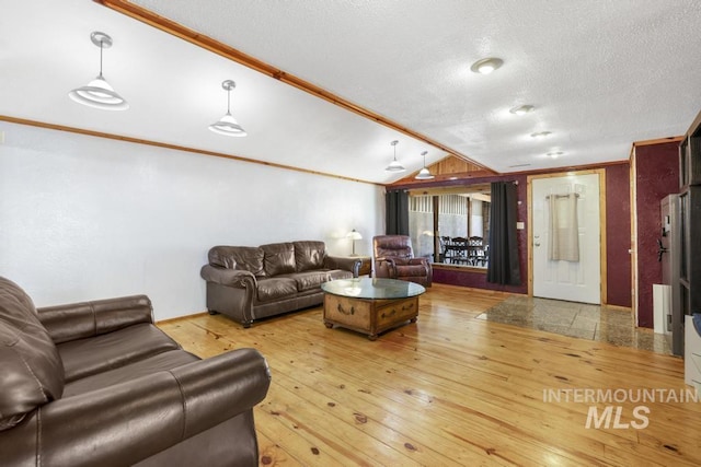 living area with a textured ceiling, lofted ceiling, and light wood-type flooring