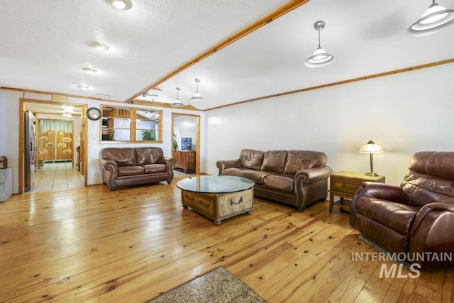 living area featuring a textured ceiling and light wood-type flooring