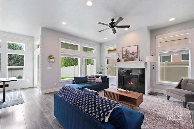 3090 NW 13th St, Meridian, ID 83646 - living area with wood finished floors, a fireplace, baseboards, recessed lighting, and a ceiling fan