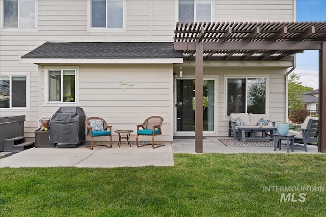 12131 W Precept Ln, Kuna, ID 83634 - back of house featuring outdoor lounge area, a pergola, a patio, a lawn, and roof with shingles