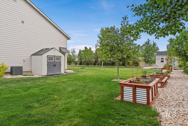 12131 W Precept Ln, Kuna, ID 83634 - view of grassy yard featuring a storage shed, a vegetable garden, an outdoor structure, and central AC unit