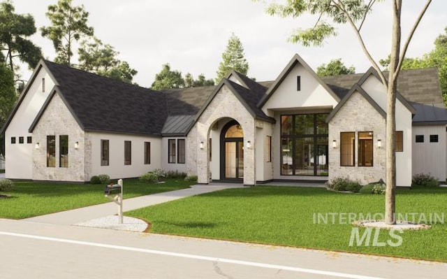1054 N Delehaye Ave, Eagle, ID 83616 - view of front facade featuring stone siding, a front yard, a standing seam roof, and metal roof