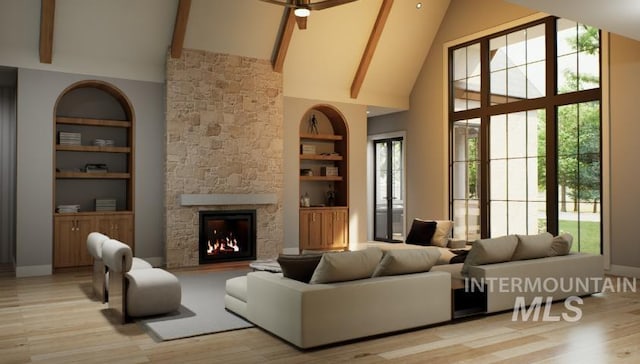 1054 N Delehaye Ave, Eagle, ID 83616 - living area featuring high vaulted ceiling, built in shelves, light wood-type flooring, a fireplace, and beamed ceiling
