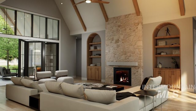 1054 N Delehaye Ave, Eagle, ID 83616 - living area featuring high vaulted ceiling, a ceiling fan, built in shelves, beamed ceiling, and a fireplace