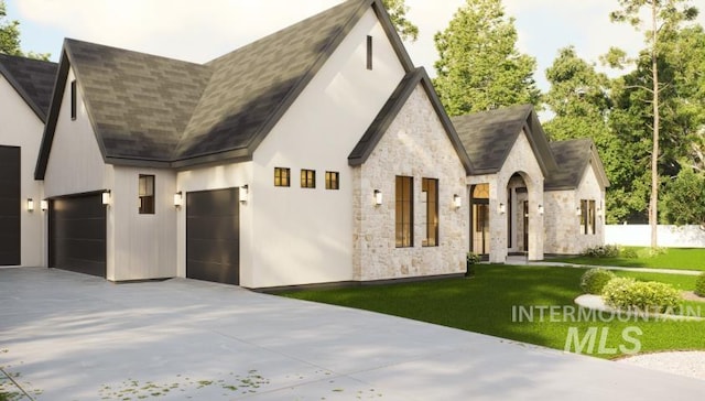 1054 N Delehaye Ave, Eagle, ID 83616 - view of front of home featuring stone siding, driveway, a front yard, a shingled roof, and a garage